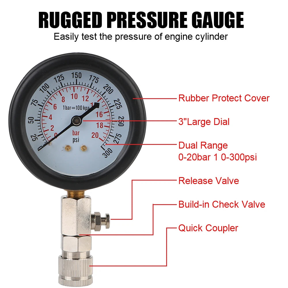 FREE SHIPPING: Gasoline Engine Compression Gauge 0-300 PSI with M10 M12 M14 M18
